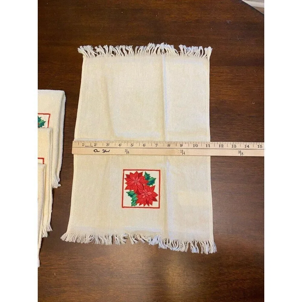 Mid Century Vintage Unbranded Embroidered Christmas Poinsetta Hand Towel Set 4